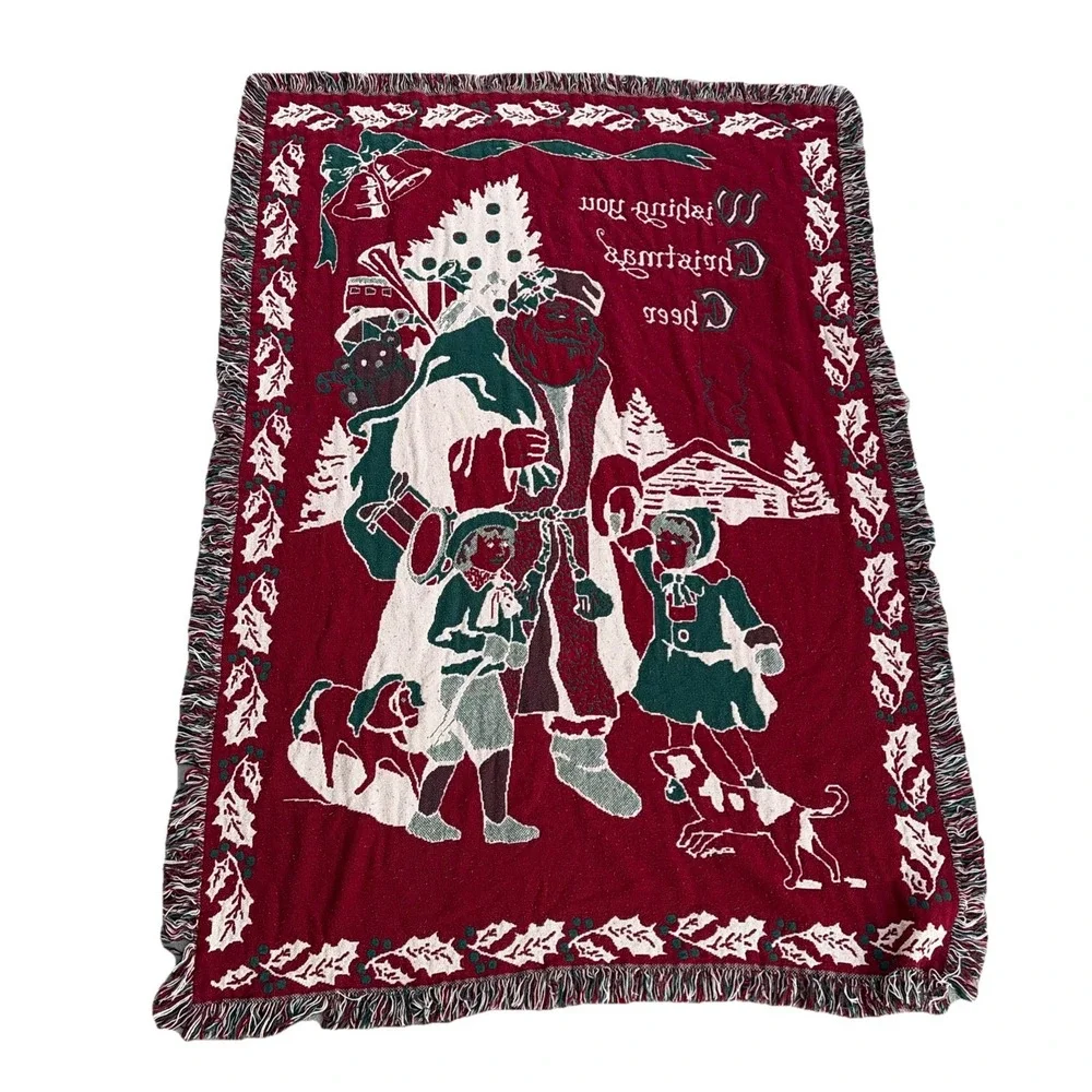 Vintage Christmas Throw Old World Santa Tapestry Fringe Blanket Decor 68x46